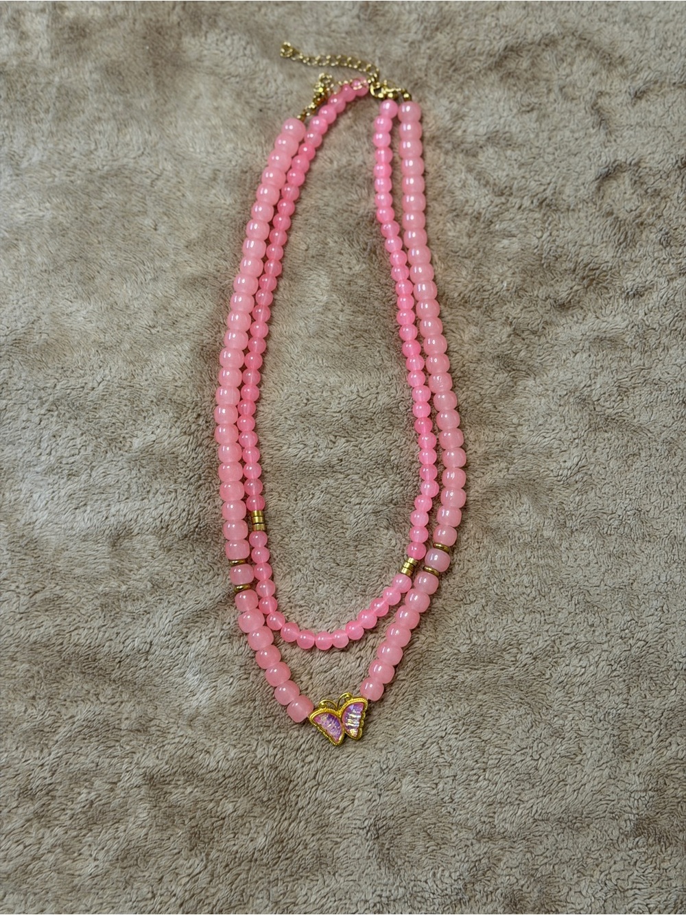Pink Beaded Double Strand Necklace with Butterfly Accent